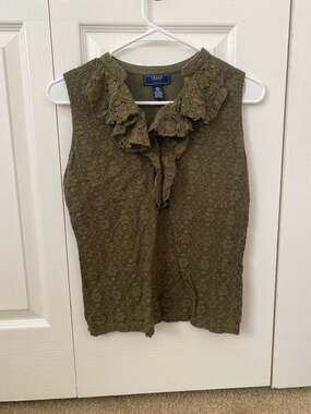 Chaps Petite Olive Green Lace Ruffle Neck Sleeveless Top